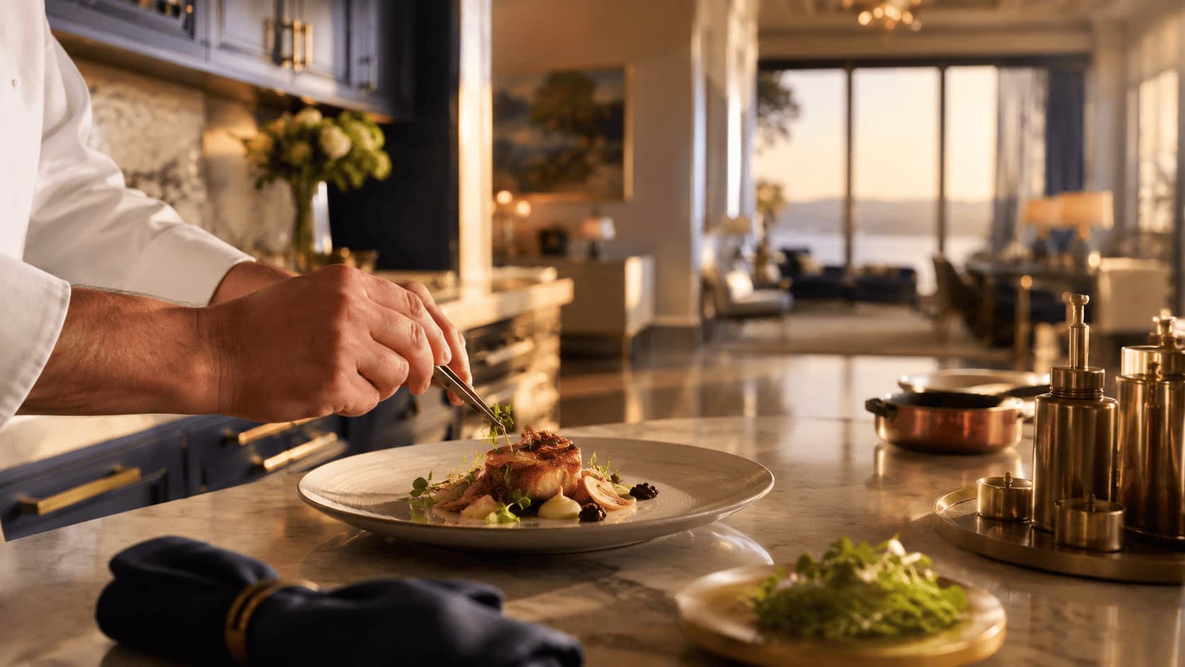 Private chef plating a fine-dining dish in a luxury estate kitchen