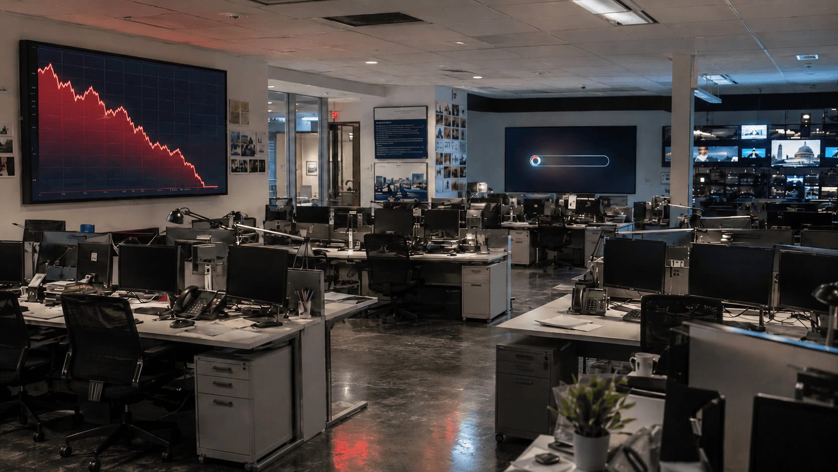 Darkened newsroom at night with empty desks and a wall screen showing a plunging website traffic line, illustrating publishers losing Google search traffic to AI.