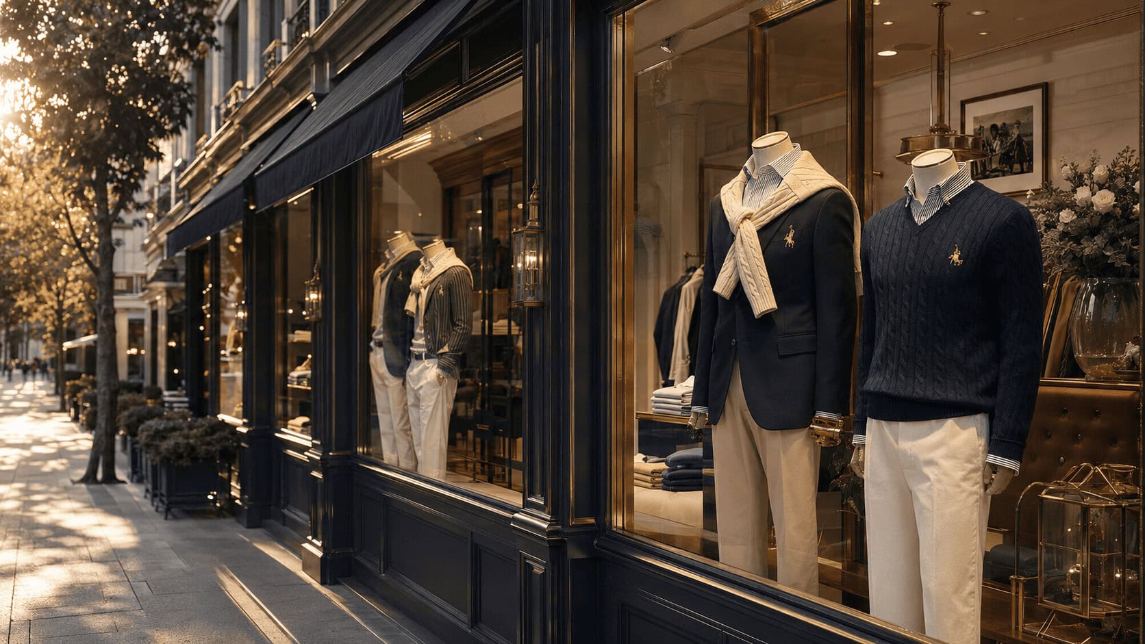 Ralph Lauren marketing strategy shown through a luxury flagship storefront with classic American preppy apparel