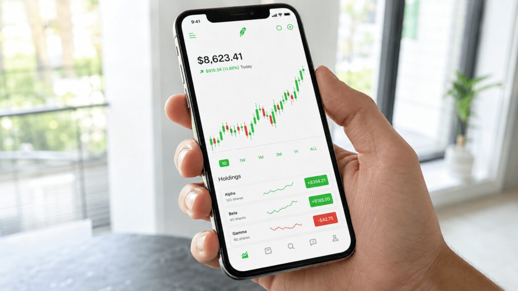 Smartphone showing a green Robinhood-style trading app with a rising stock chart, held in a young investor's hand