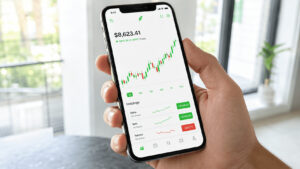 Smartphone que muestra una aplicación de trading de estilo Robinhood de color verde con un gráfico de acciones en ascenso, sostenido en la mano de un joven inversor