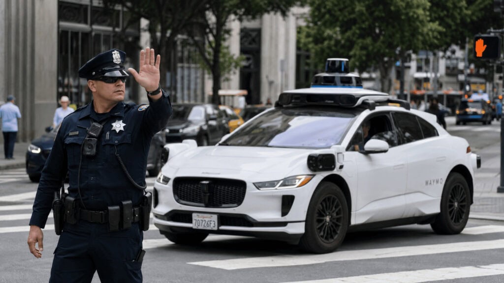 Police officer directing traffic beside a white Waymo autonomous taxi at a downtown city intersection