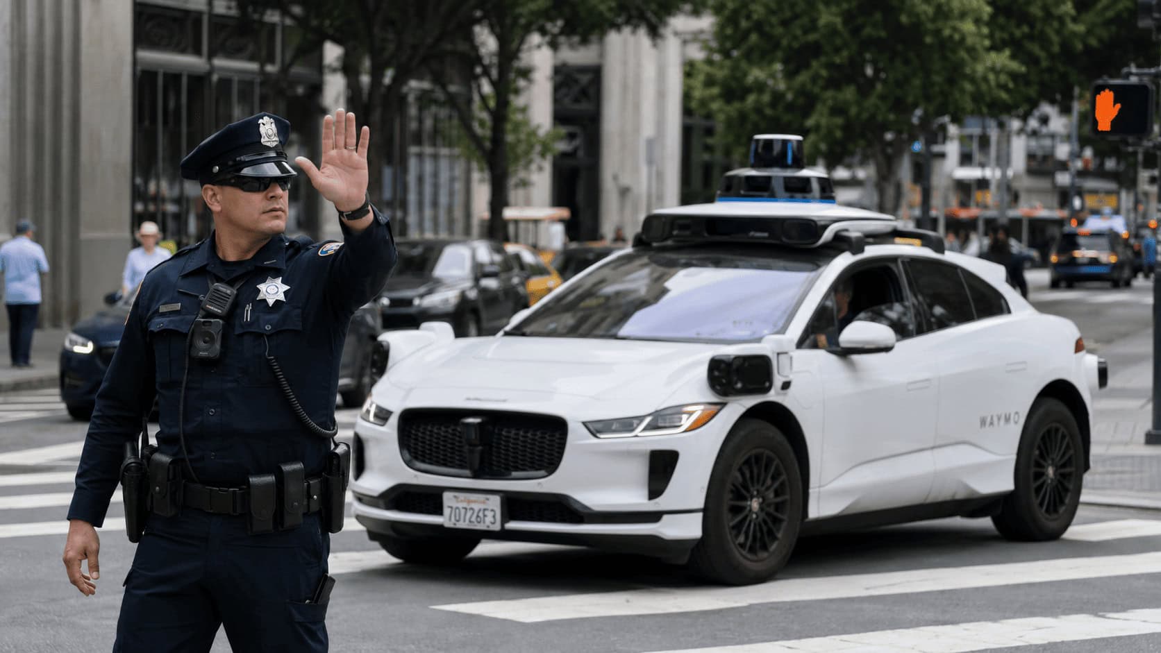 Police officer directing traffic beside a white Waymo autonomous taxi at a downtown city intersection