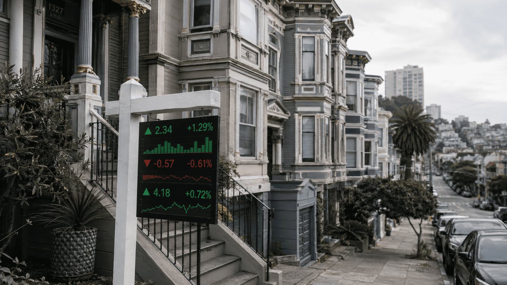 San Francisco Victorian home for sale with a stock ticker replacing the price, symbolizing sellers accepting OpenAI and Anthropic pre-IPO stock instead of cash
