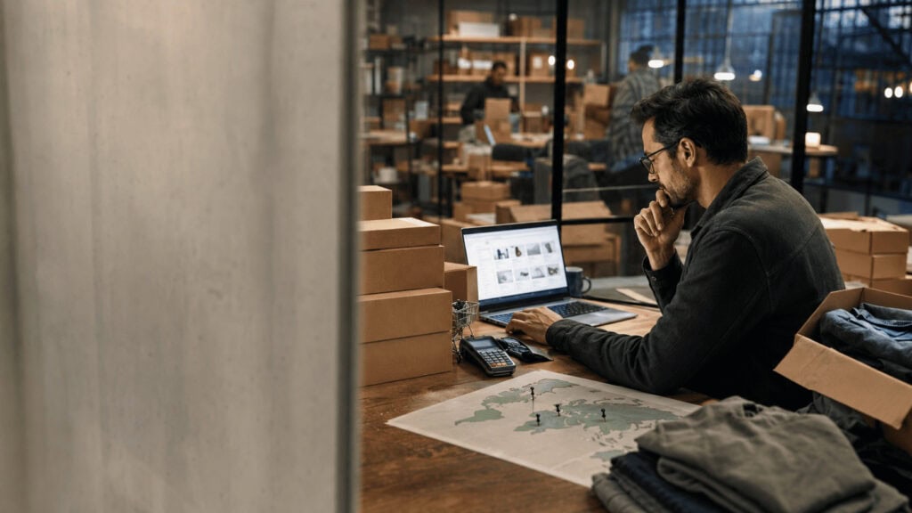 An e-commerce entrepreneur analyzing an online store dashboard, surrounded by packages and shipping operations.