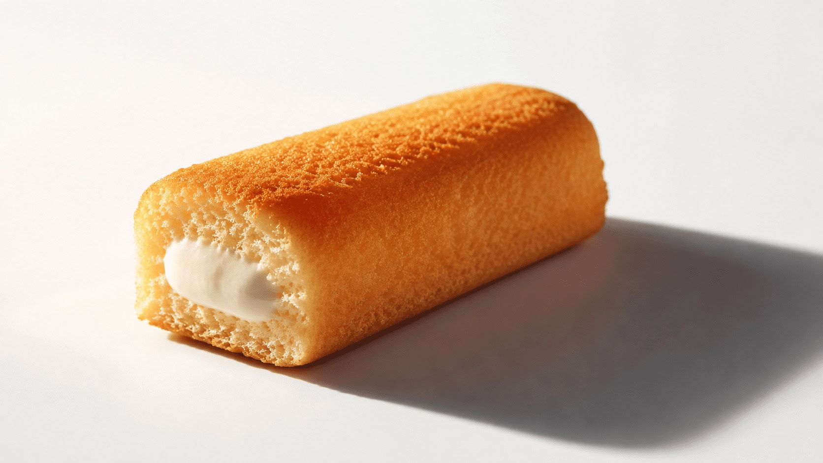 A golden cream-filled sponge snack cake on a white surface, representing Smucker's troubled $5 billion Hostess acquisition.