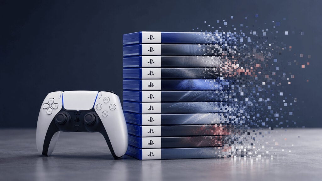 A stack of PlayStation 5 game cases beside a DualSense controller, symbolizing Sony ending physical disc production in 2028.
