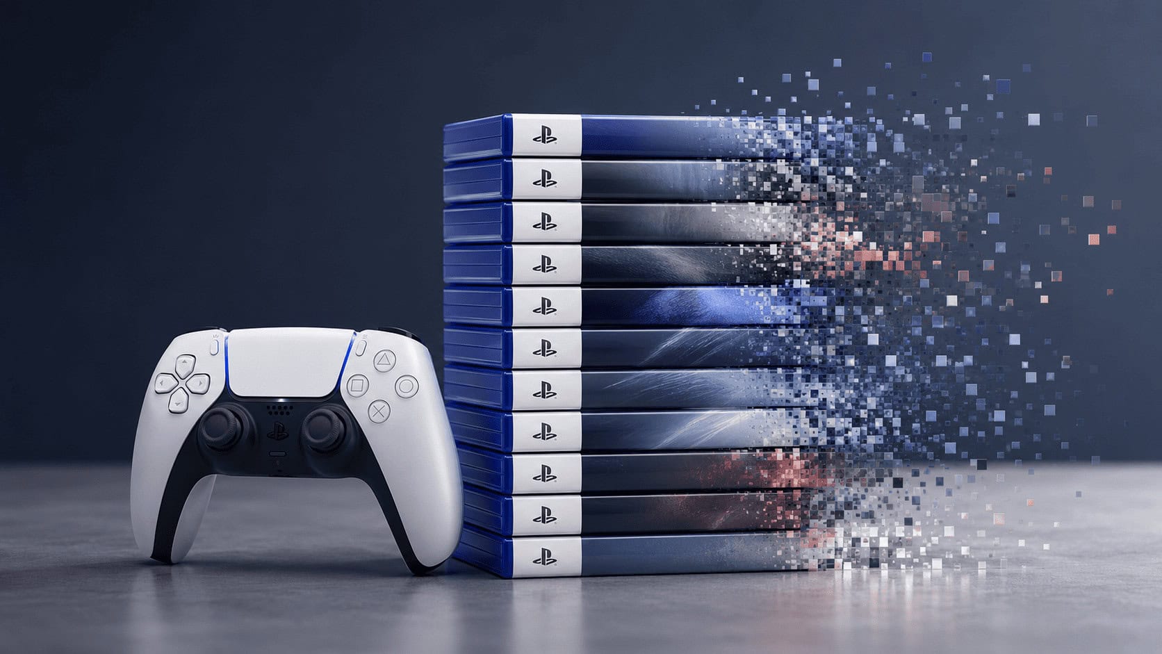 A stack of PlayStation 5 game cases beside a DualSense controller, symbolizing Sony ending physical disc production in 2028.
