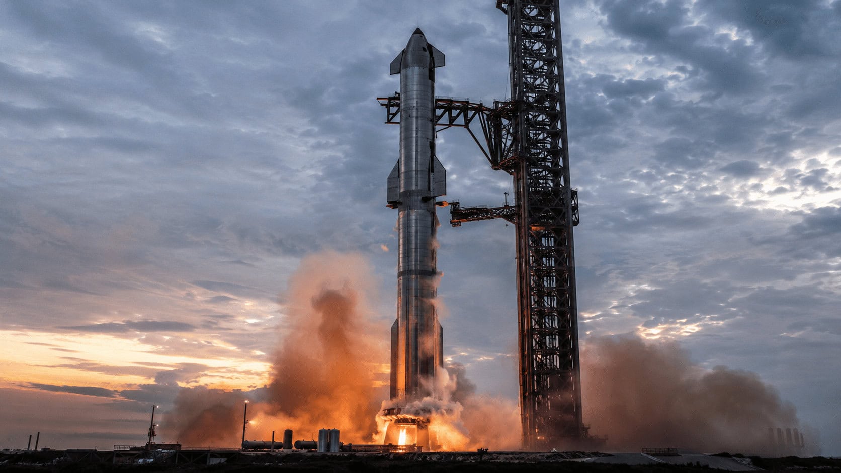 SpaceX Starship rocket on the launch pad at Starbase moments before an aborted ignition.