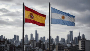 Spain and Argentina flags side by side representing a head-to-head comparison of their economies, GDP, and growth