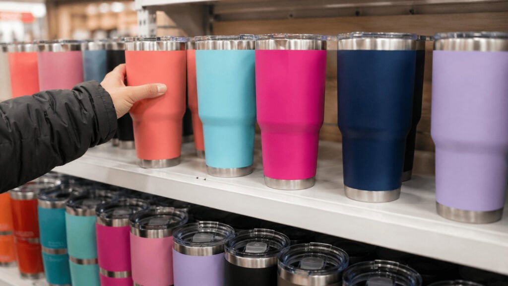 Colorful insulated stainless steel tumblers lined up on a retail shelf.
