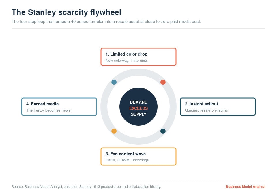 Diagram illustrating the four-step scarcity flywheel for Stanley thermos brand.