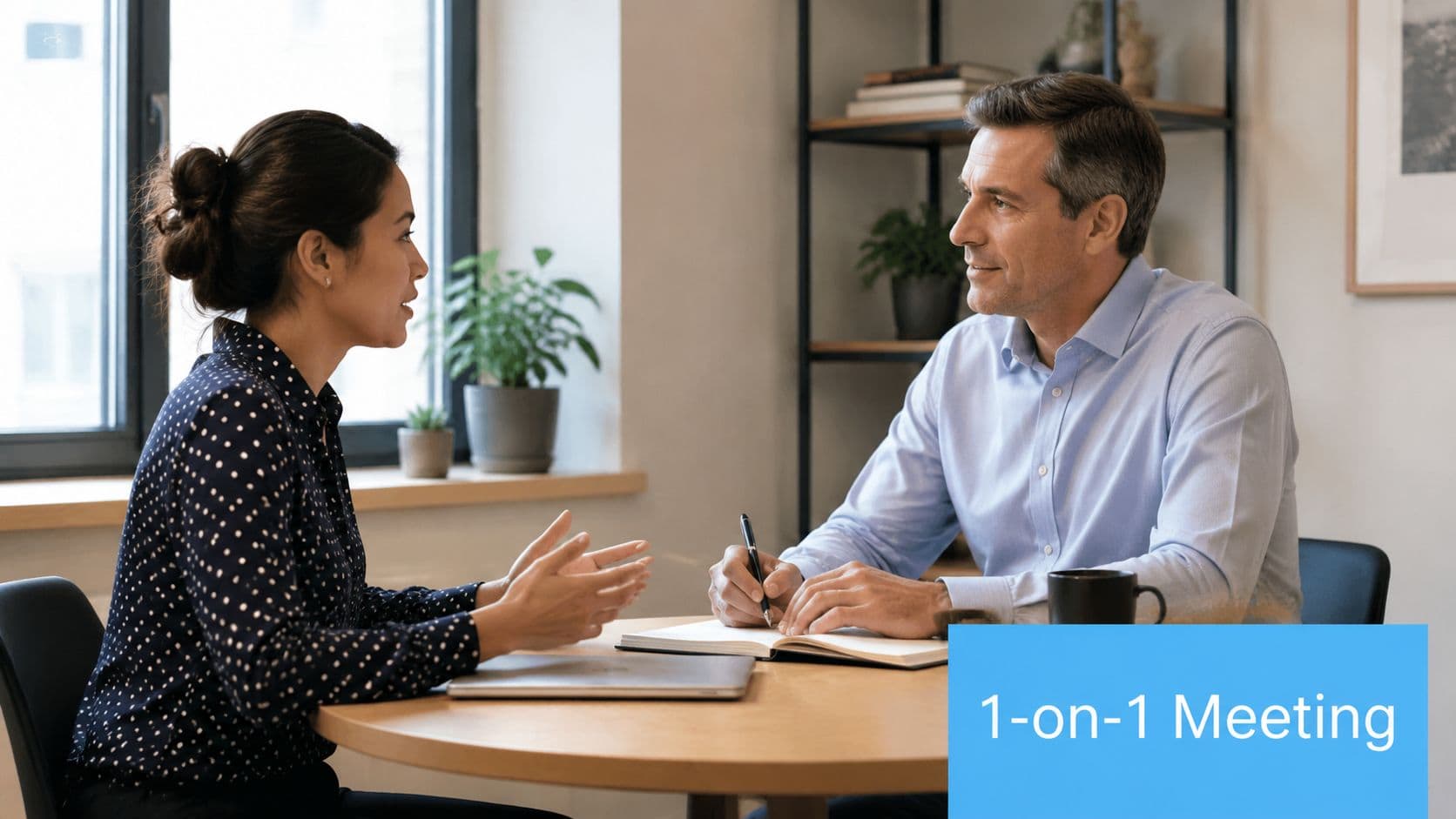 Business analyst and client in a one-on-one meeting discussing strategies.