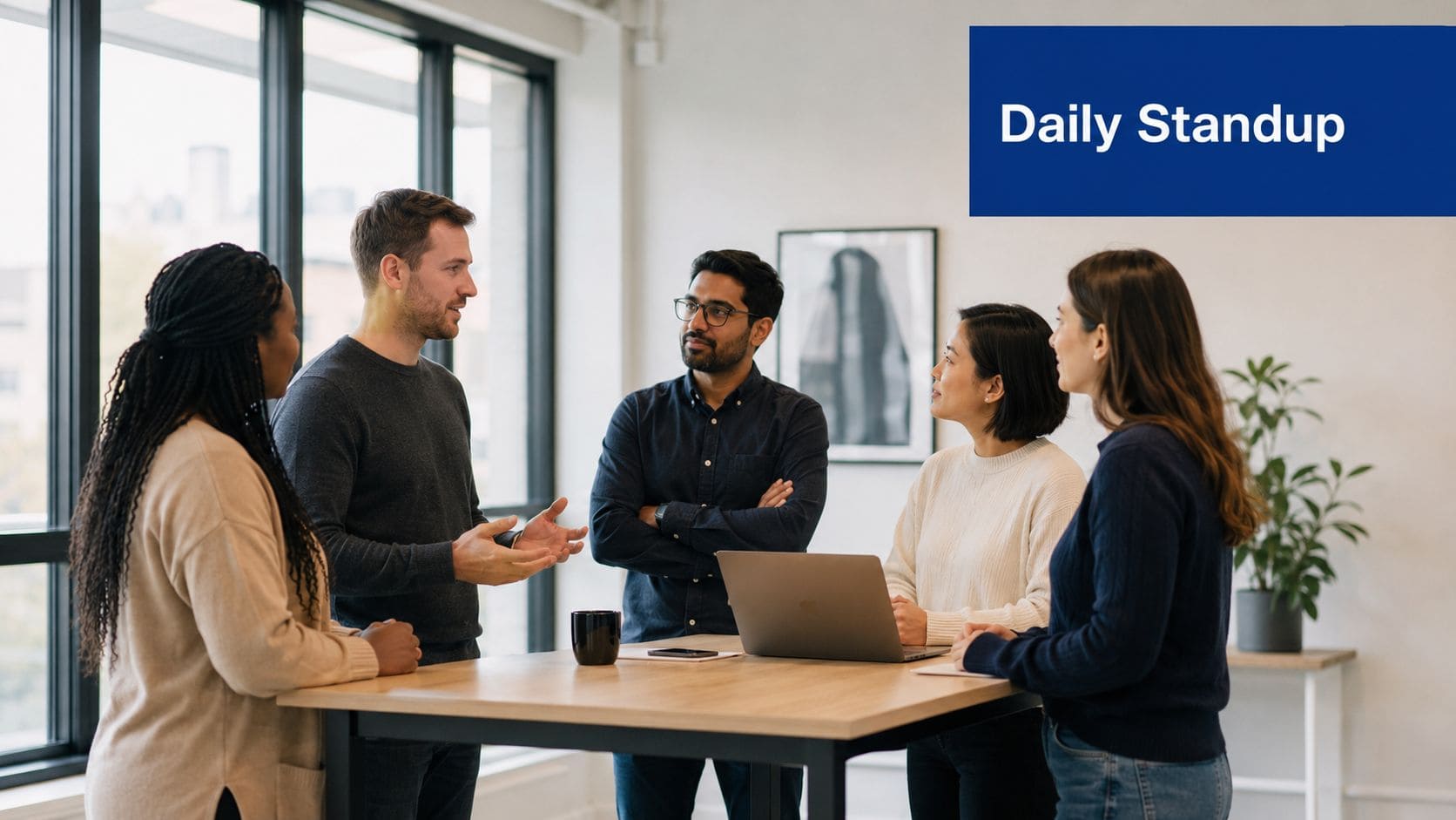 Team of business analysts discussing strategies in a modern office.