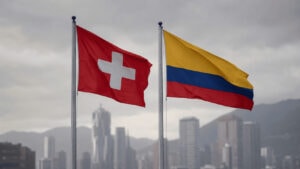 Switzerland versus Colombia economic comparison shown as a World Cup match graphic, contrasting Swiss value capture with Colombian commodity production.