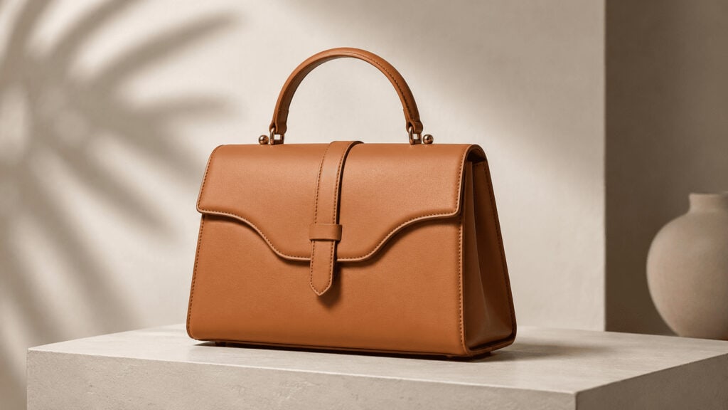 A structured tan leather handbag on a minimalist studio plinth, representing Tapestry's accessible luxury positioning