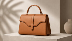 Un bolso estructurado de piel color camel sobre un pedestal de estudio minimalista, que representa el posicionamiento de lujo accesible de Tapestry