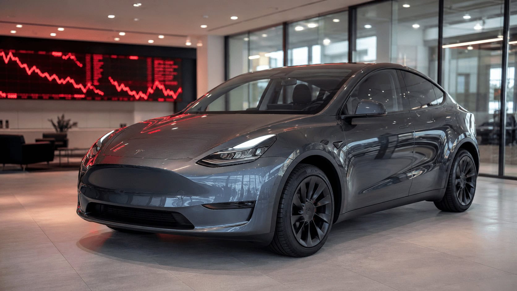 Tesla Model Y on a showroom floor with a red stock ticker glowing in the background, illustrating Tesla's market valuation