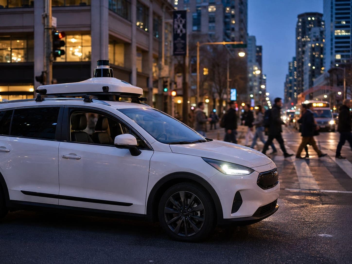 A driverless robotaxi with roof-mounted sensors waits at a city intersection with an empty driver's seat.