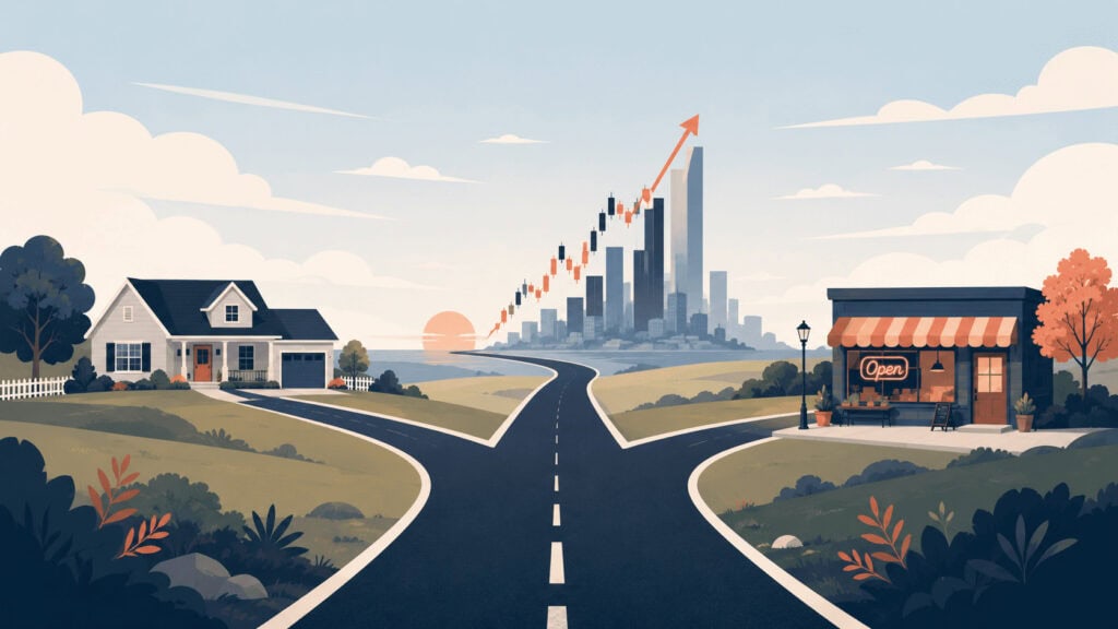 One road forking into three paths, toward a house, an investment chart, and a small business storefront, representing the three versions of the modern American dream.
