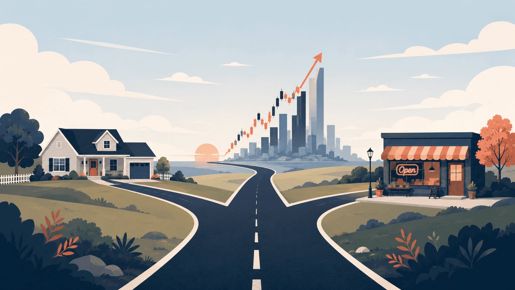 One road forking into three paths, toward a house, an investment chart, and a small business storefront, representing the three versions of the modern American dream.