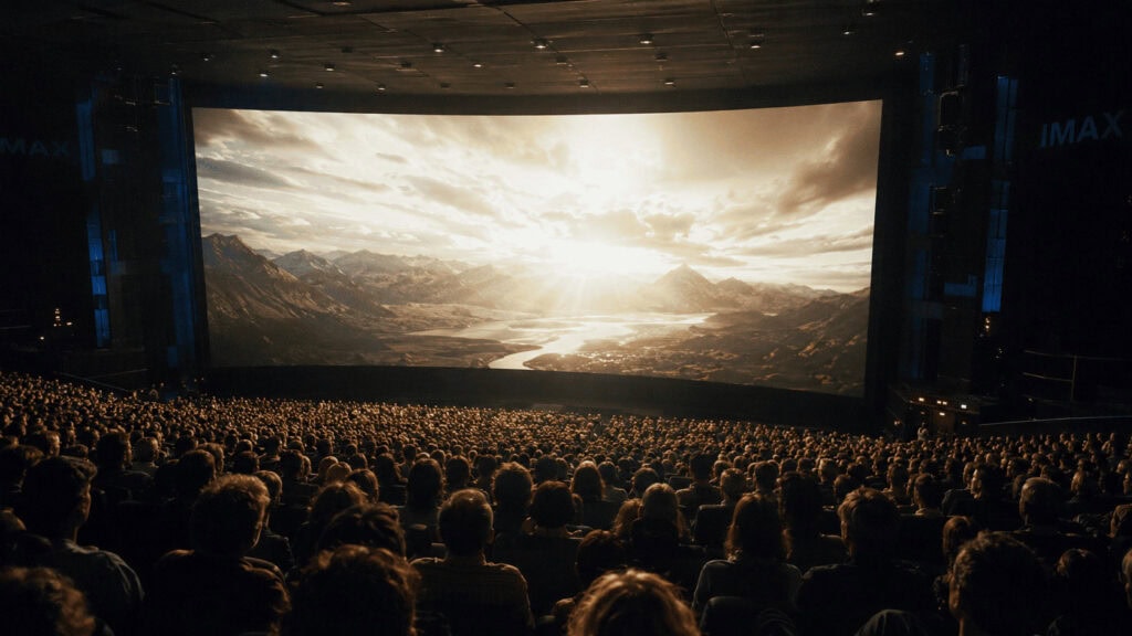 Packed IMAX auditorium at showtime during a screening of Christopher Nolan's "The Odyssey"