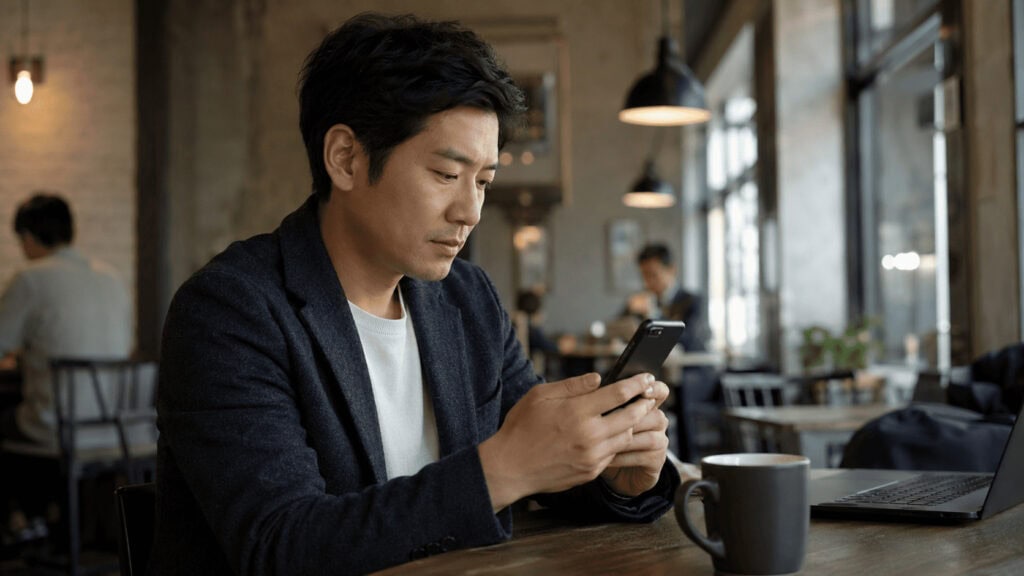 Person in their thirties scrolling a text-based social media feed on a smartphone in a bright cafe, illustrating Threads reaching 500 million users
