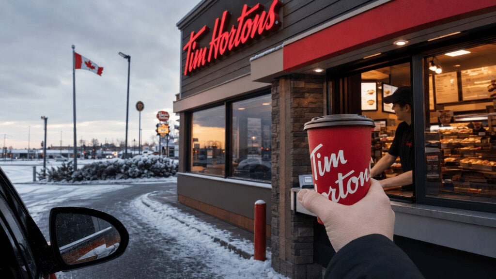 branded Tim Hortons drive-thru on a snowy Canadian morning, with a customer holding the brand's iconic red coffee cup.