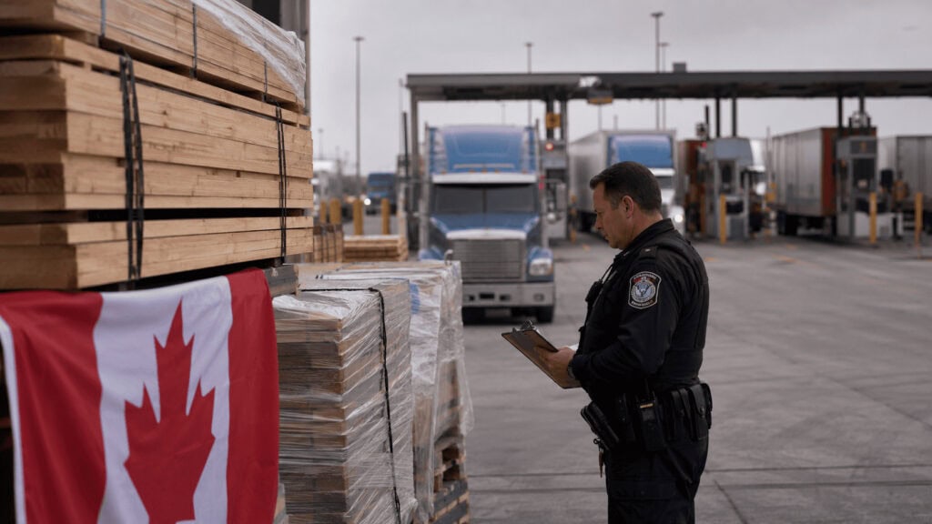 Canadian maple-leaf freight held at a US border checkpoint as Trump's 50% Section 338 tariffs on Canadian goods take effect