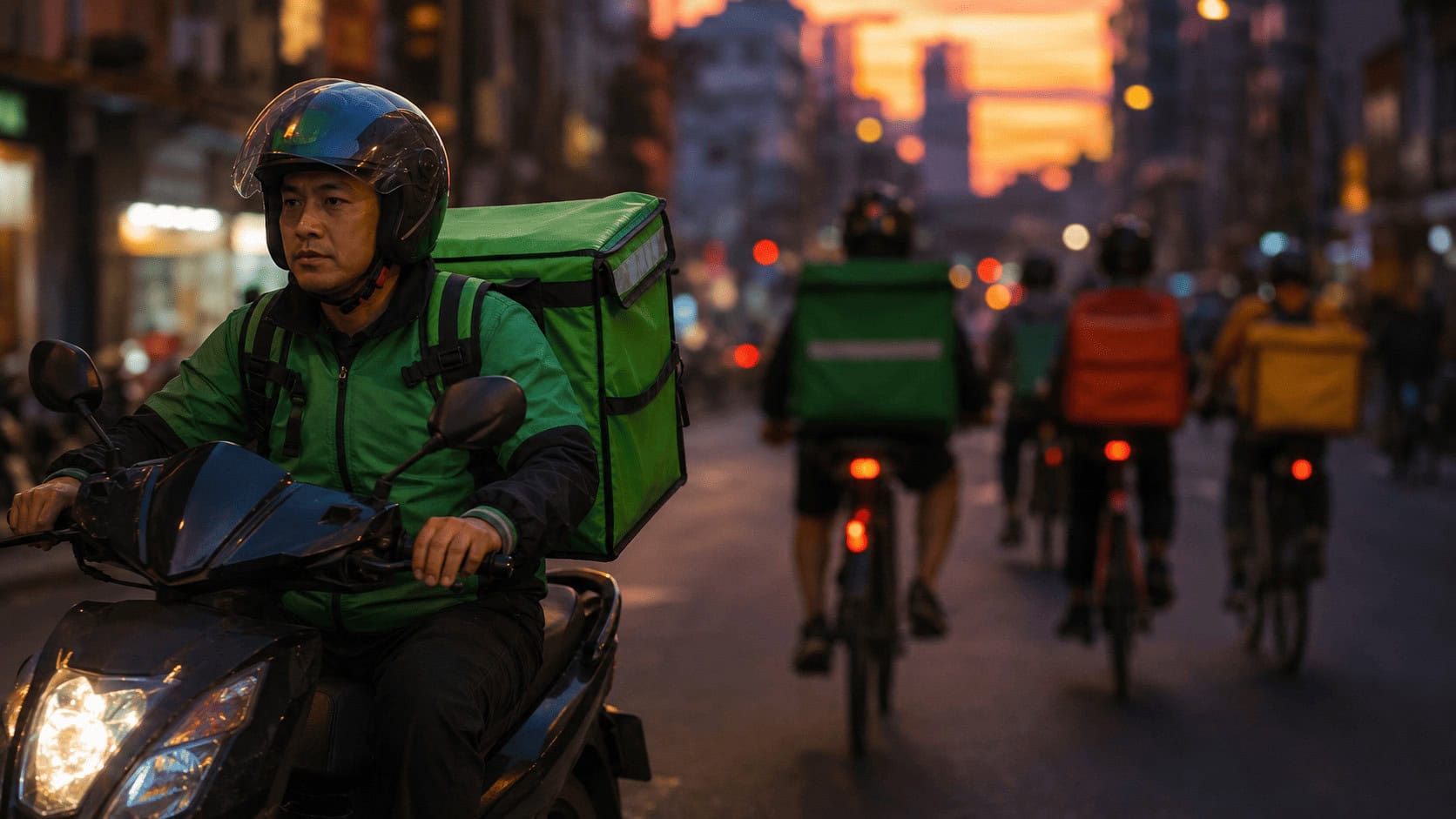 Uber Eats courier on a scooter in a busy city street, illustrating Uber's acquisition of Delivery Hero.