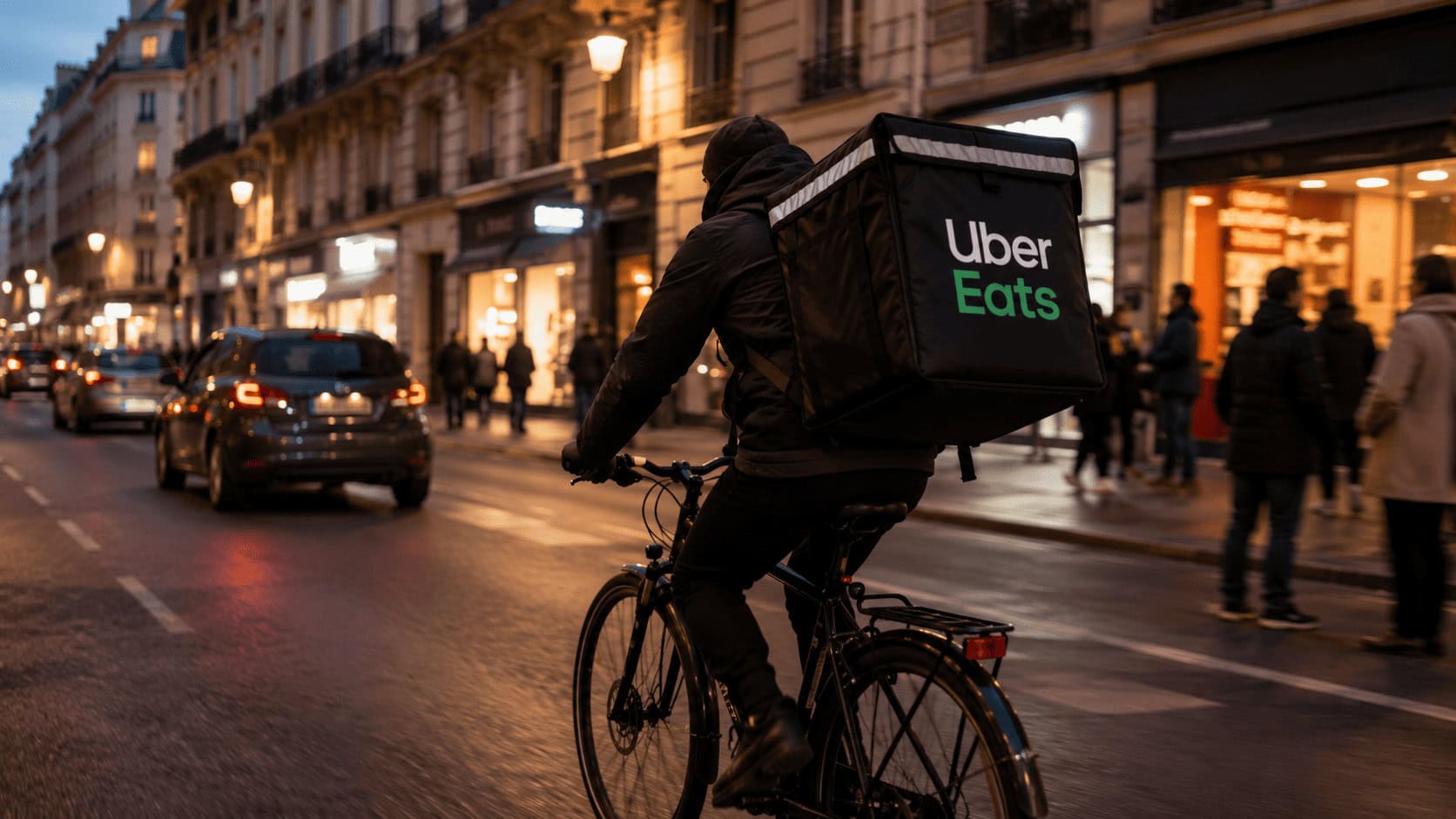Uber Eats courier riding through a European city, illustrating Uber's paused European food delivery expansion