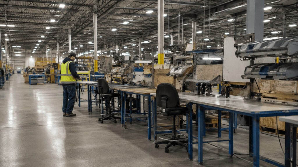 A lone worker stands beside a row of empty workstations on a US factory floor, illustrating a shrinking American labor force.