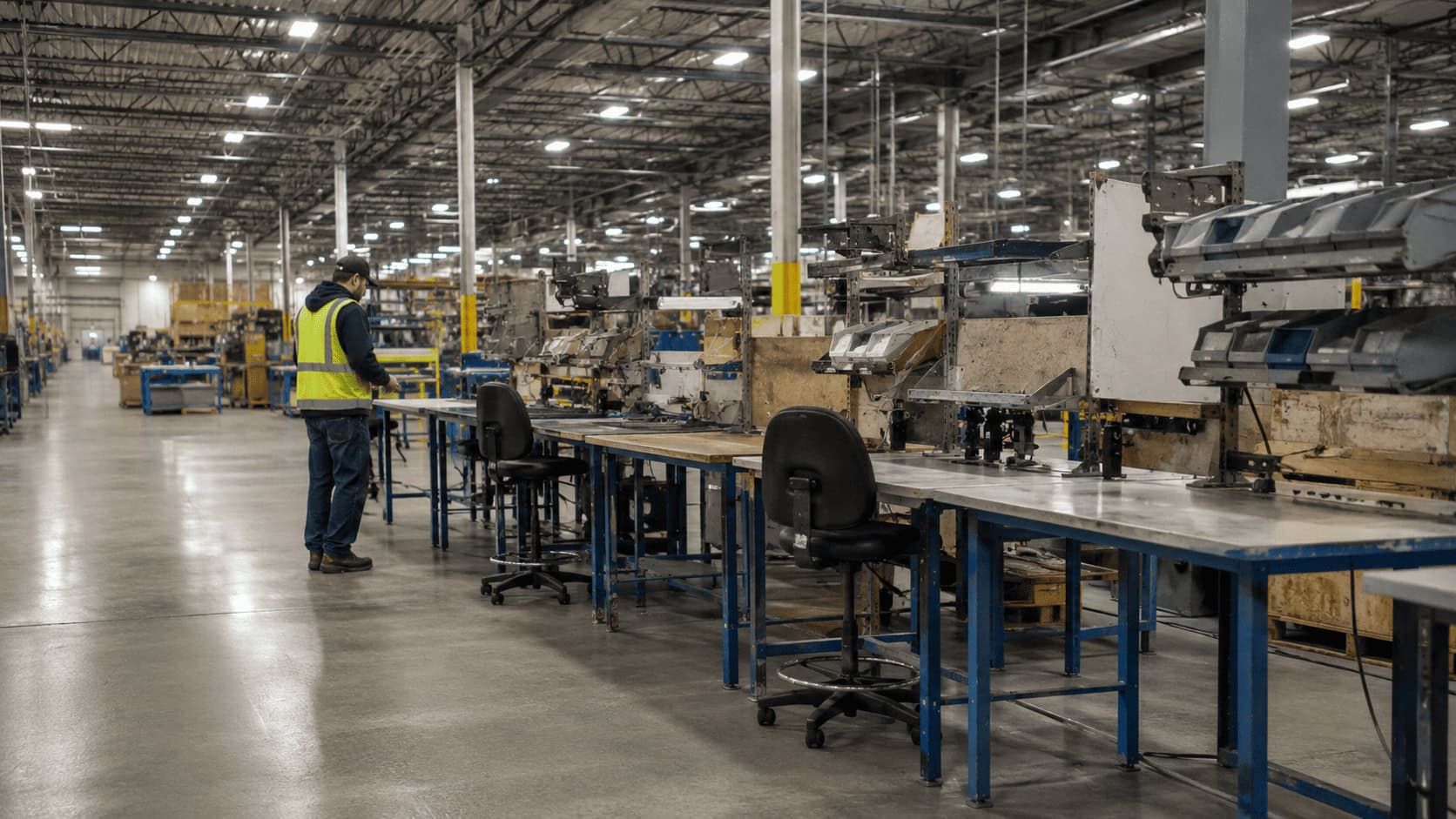 A lone worker stands beside a row of empty workstations on a US factory floor, illustrating a shrinking American labor force.
