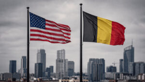 United States and Belgium economies compared as a World Cup Round of 16 fixture, US skyline versus Belgian port and pharmaceutical industry