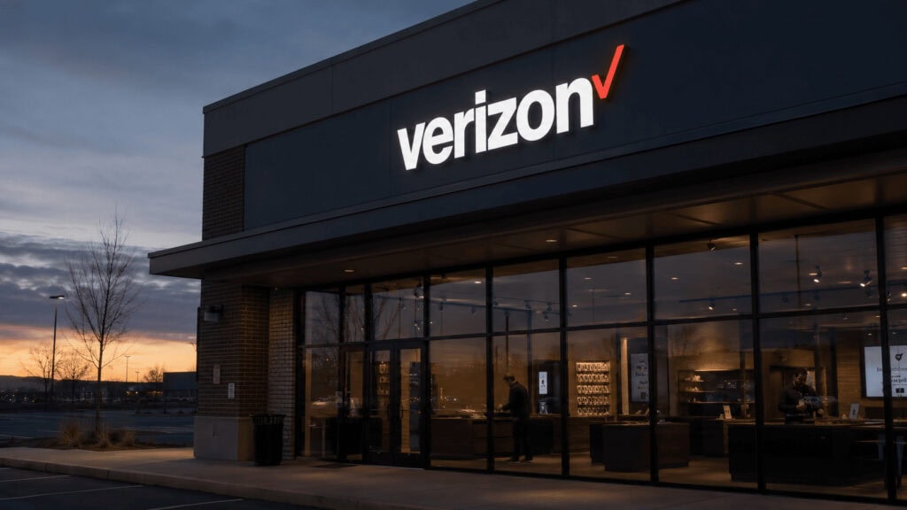 Verizon retail store exterior at dusk with the red Verizon logo sign, representing the 2026 layoffs and 274-store franchise divestiture.