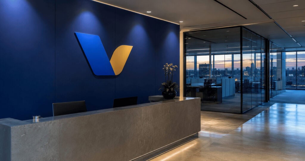 Empty workstations behind a Visa-branded office wall as the payments network cuts 2,600 technology and product roles