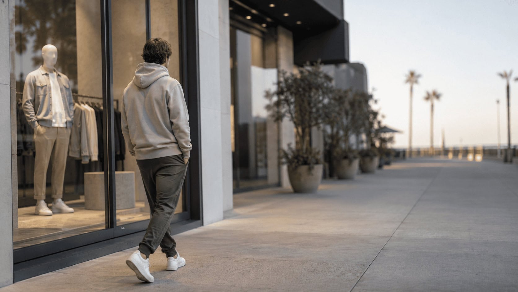 Affluent shopper carrying premium athleisure bags outside a high-end retail storefront, illustrating the Vuori target market