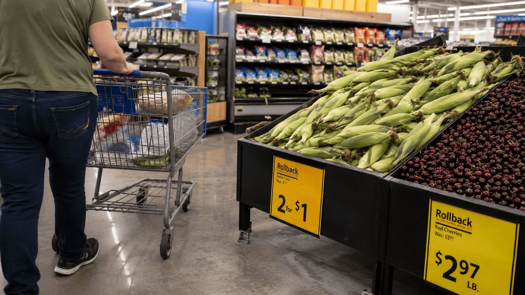 Shopper pushing a cart past a produce display with rollback price tags in a Walmart grocery aisle