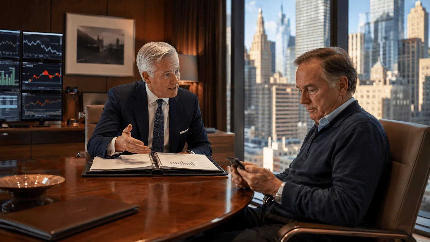 A wealthy client checks his phone during a meeting with his financial advisor in a private wealth management office
