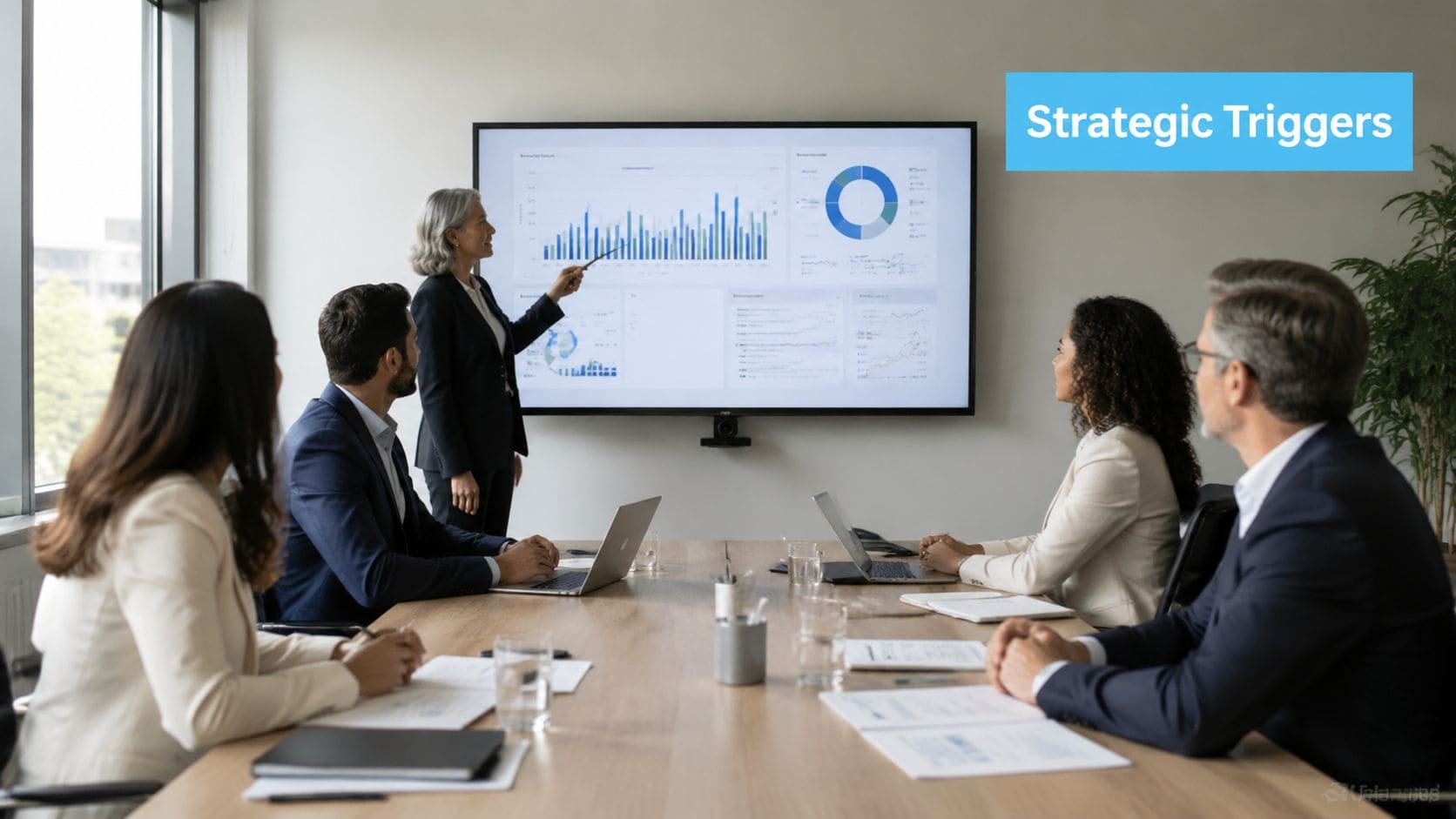 Business analyst presenting strategic triggers on a large screen to a team.
