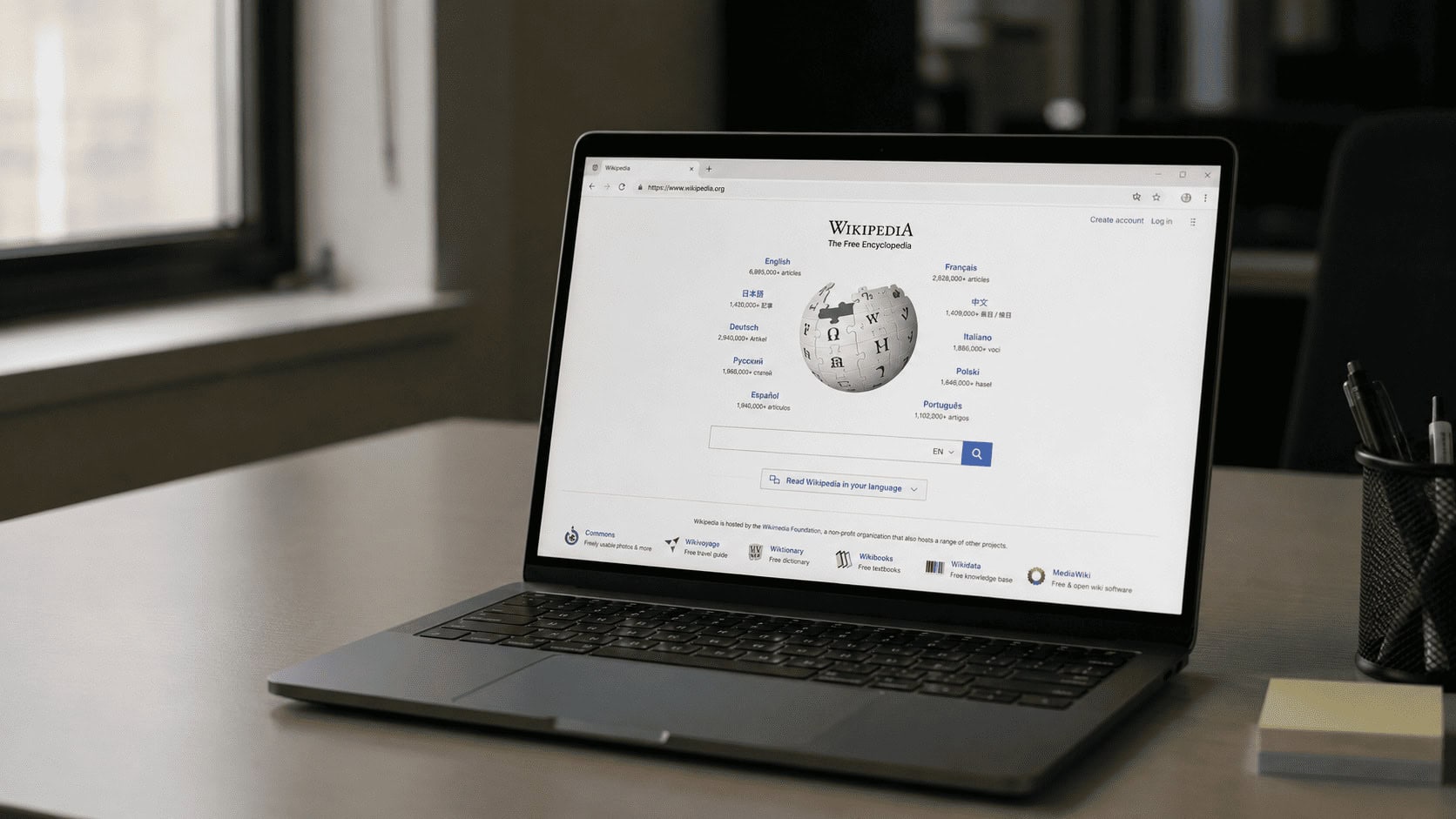 A laptop on a desk displaying the Wikipedia homepage, illustrating how Wikimedia now charges AI companies for data access through Wikimedia Enterprise.