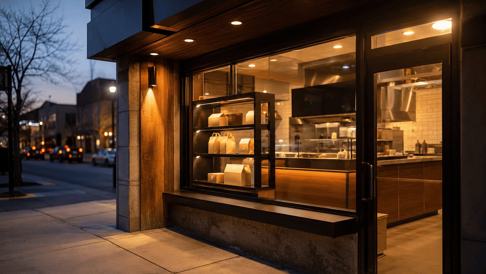 "Small-footprint fast casual chicken restaurant storefront at dusk