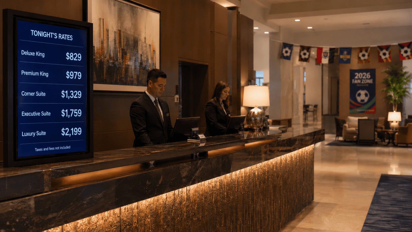 Empty hotel lobby in a US World Cup host city with high nightly rates displayed at reception.