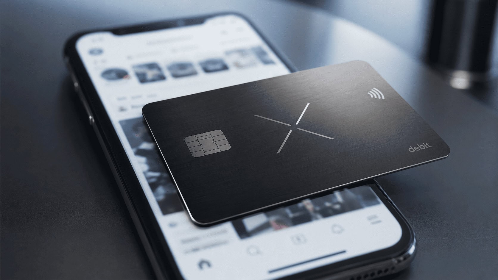 Money metal Visa debit card resting on a smartphone displaying the X app