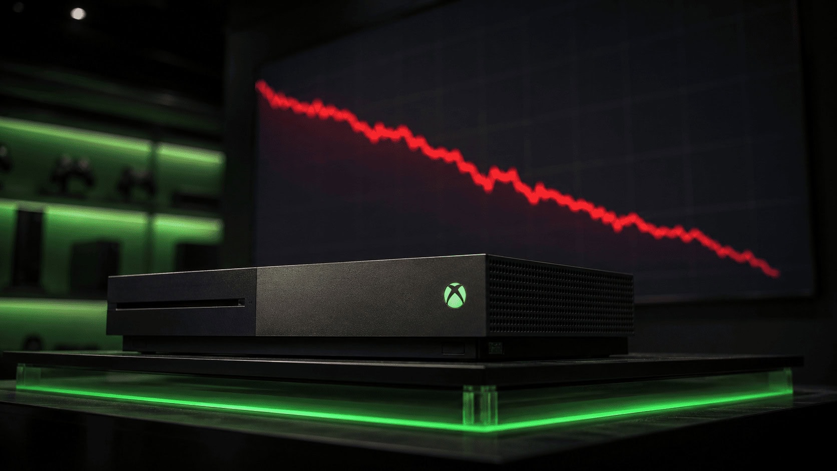 A black Xbox-style game console on a retail plinth in front of a large screen showing a steep declining red chart, evoking Microsoft's gaming losses.