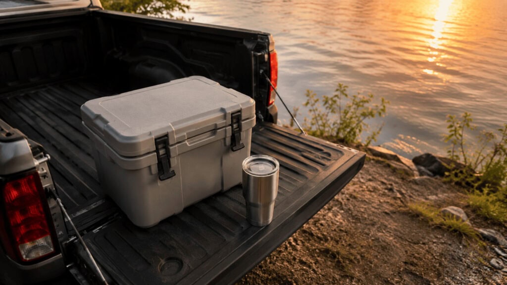 Premium insulated tumbler and hard cooler on a truck tailgate, illustrating Yeti's target market