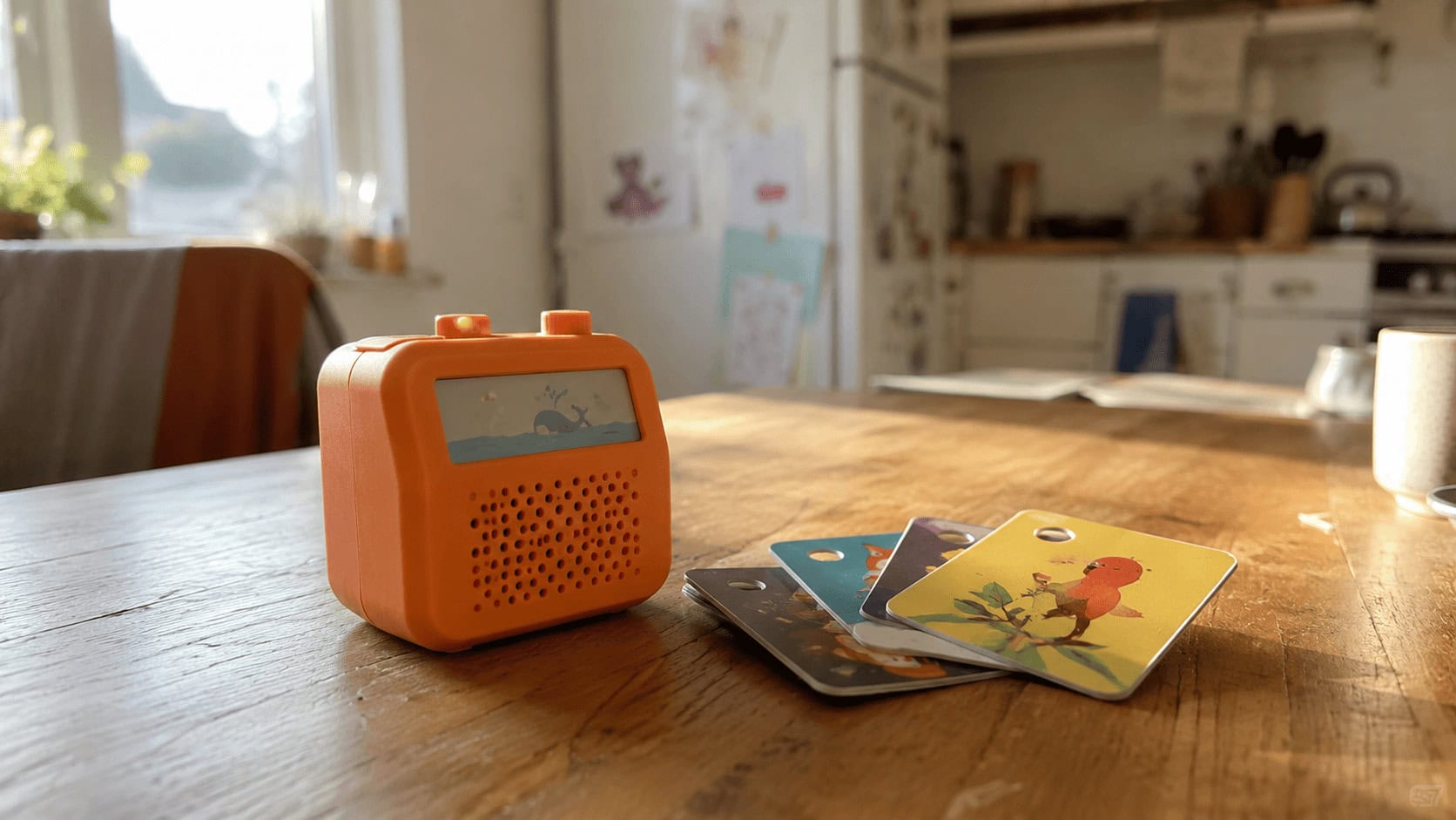 Orange rubber-cased screen-free audio player for children on a wooden kitchen table, with colorful printed audio cards fanned beside it in soft morning light.