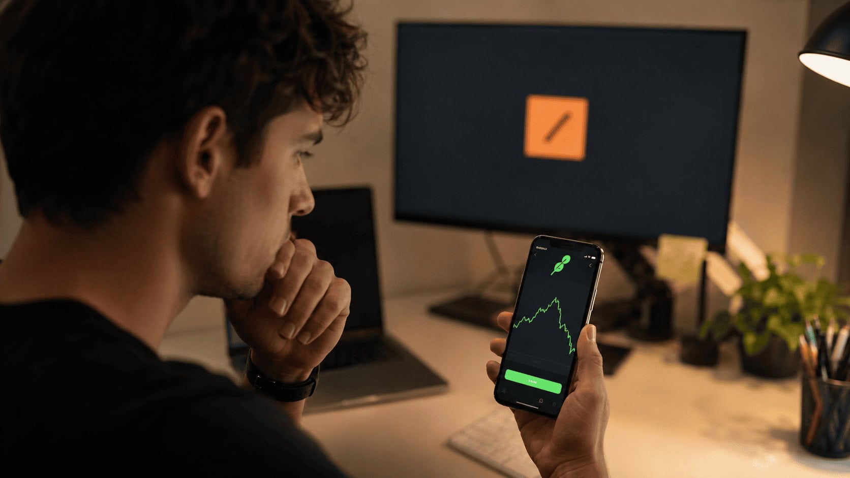 A retail investor viewing a Robinhood-style trading app on a phone, with a volatile fund price chart and a Y Combinator startup badge in the background.