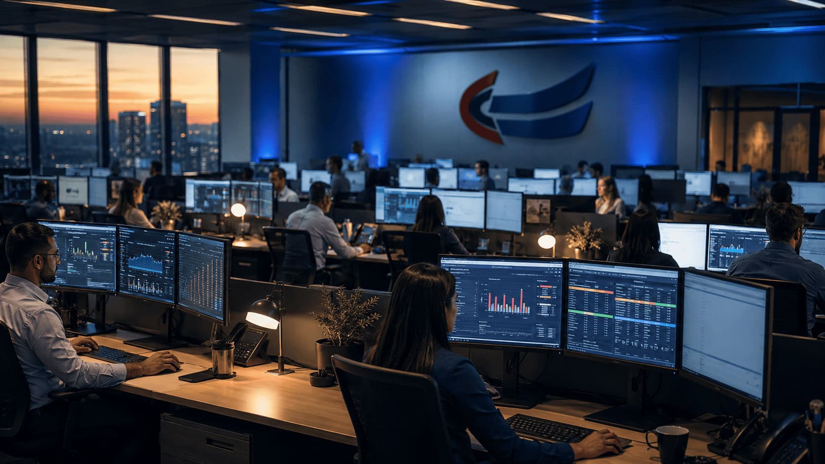 Payroll operations floor at a large human capital management provider, rows of analysts at monitors showing payroll runs and tax filing dashboards