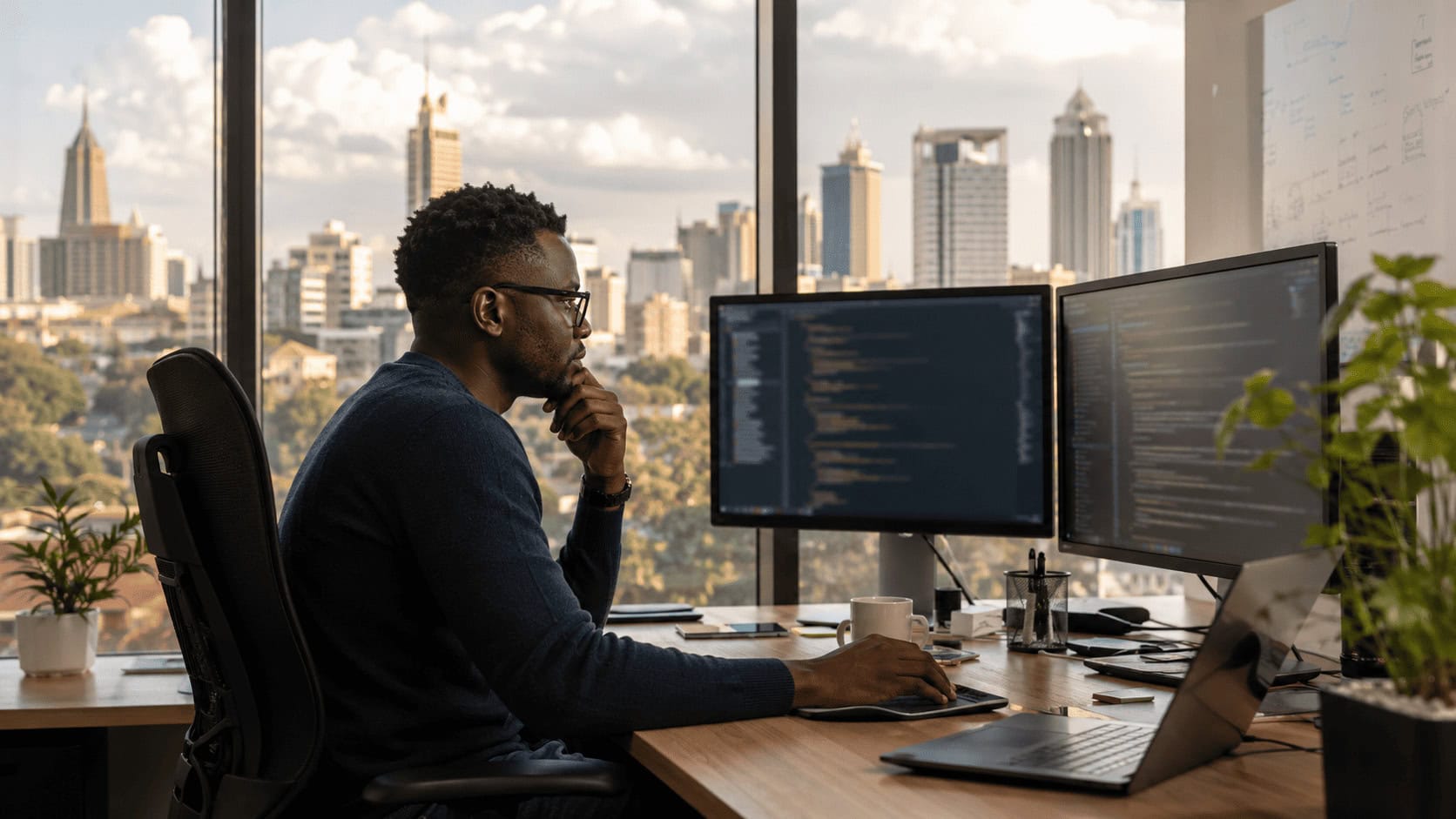Software developer working at a desk in a Nairobi office building with Kenyan city skyline visible through the window